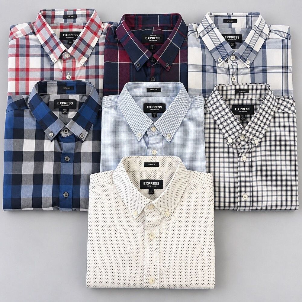 LOT of 7 Express Men's Slim Fit Dress Shirts Medium Performance Fabric Wardrobe
